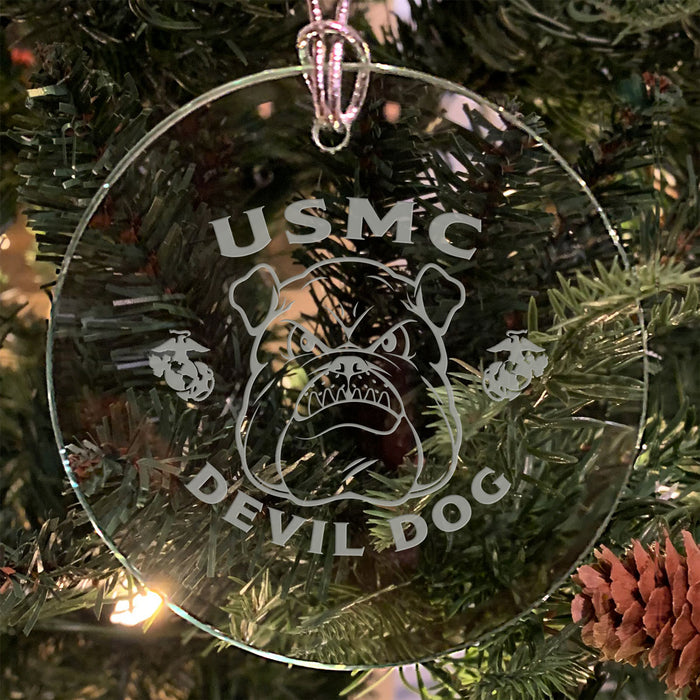 USMC 'Pick Your Design' 3" Round Etched Glass Christmas Tree Ornament