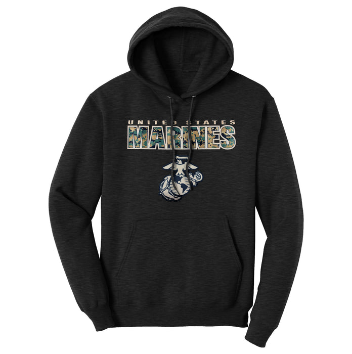 USMC MARPAT Camo Text Applique Heather Black Unisex Hoodie