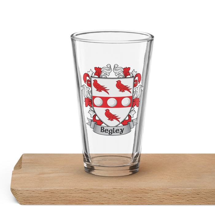 Begley Irish Family Crest Coat Of Arms 16oz Pint Glass - 7.62 Design