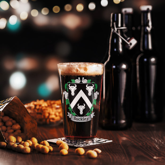 Buckley Irish Family Crest Coat Of Arms 16oz Pint Glass - 7.62 Design