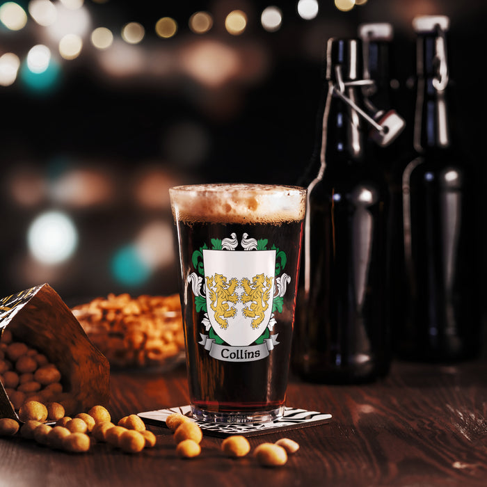 Collins Irish Family Crest Coat Of Arms 16oz Pint Glass - 7.62 Design