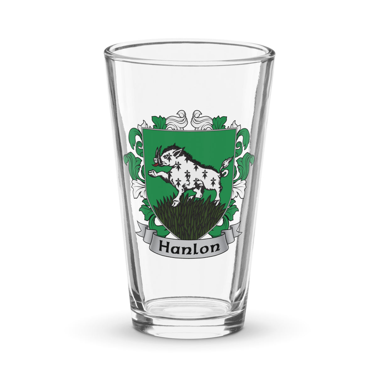 Hanlon Irish Family Crest Coat Of Arms 16oz Pint Glass — 7.62 Design
