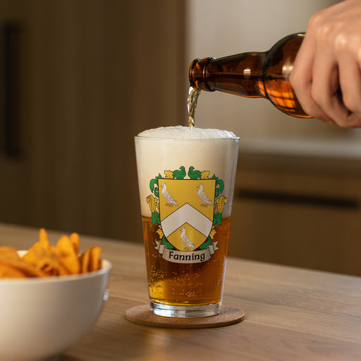 Fanning Irish Family Crest Coat Of Arms 16oz Pint Glass - 7.62 Design