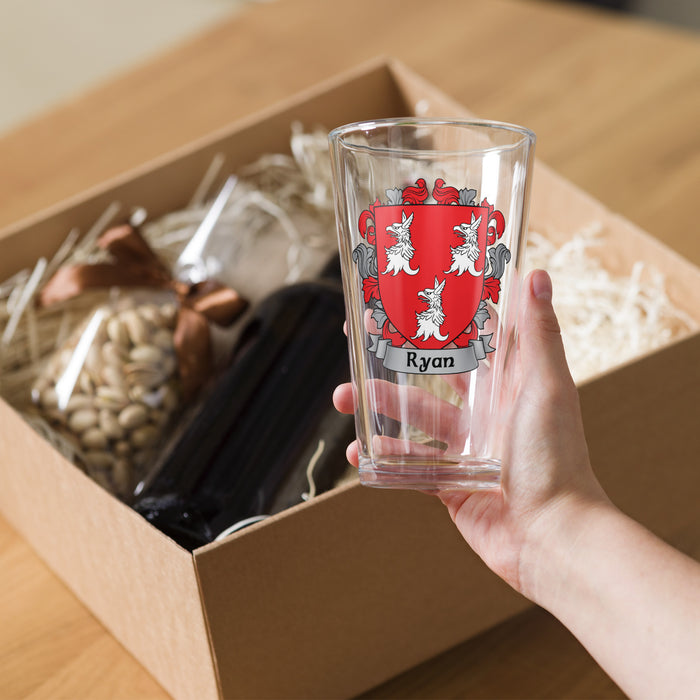 Ryan Irish Family Crest Coat Of Arms 16oz Pint Glass - 7.62 Design