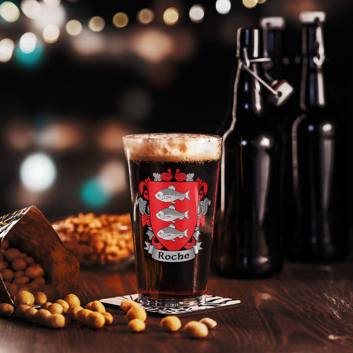 Roche Irish Family Crest Coat Of Arms 16oz Pint Glass - 7.62 Design