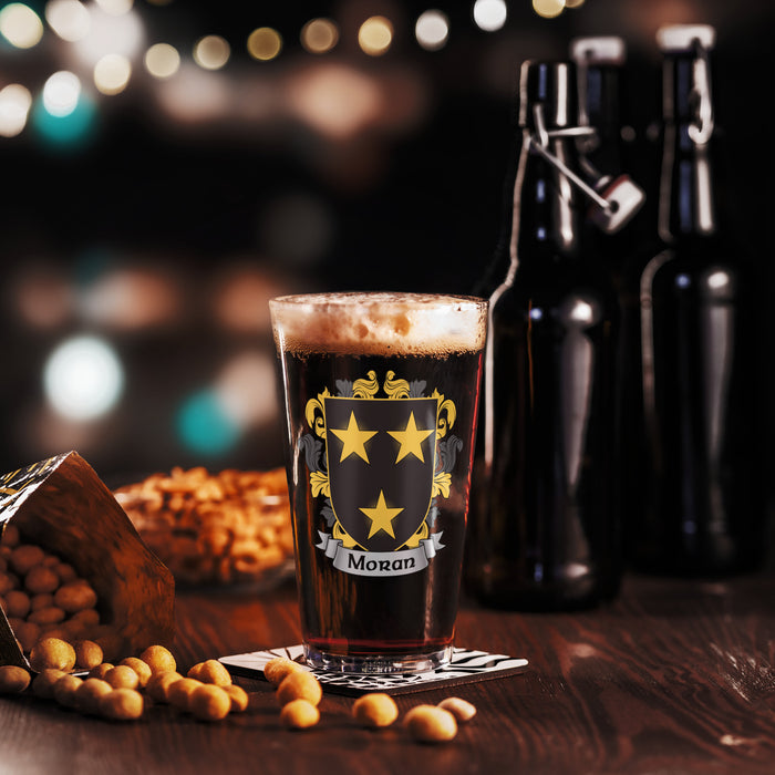 Moran Irish Family Crest Coat Of Arms 16oz Pint Glass - 7.62 Design