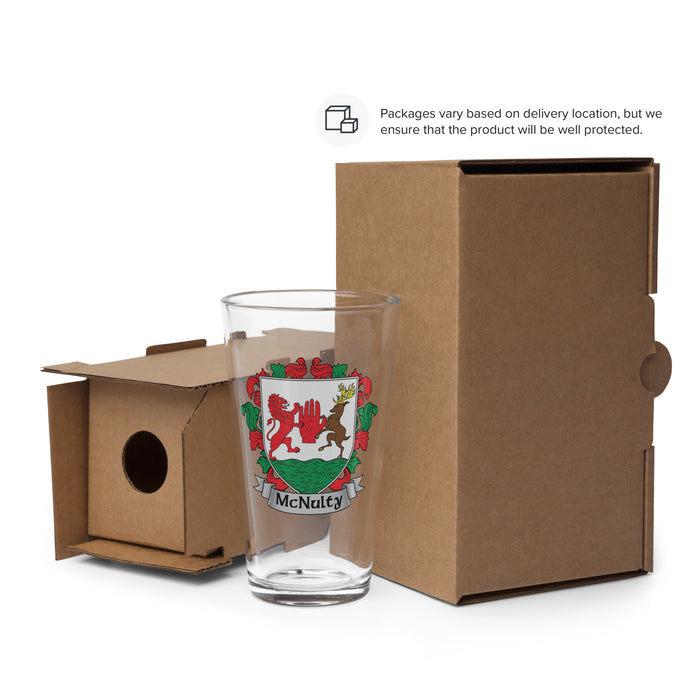 McNulty Irish Family Crest Coat Of Arms 16oz Pint Glass - 7.62 Design