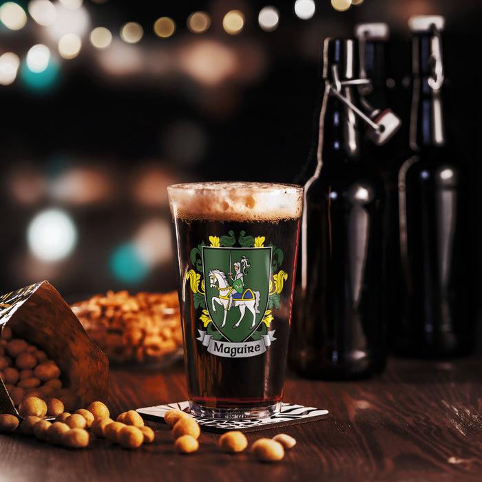 Maguire Irish Family Crest Coat Of Arms 16oz Pint Glass - 7.62 Design