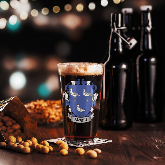 Magill Irish Family Crest Coat Of Arms 16oz Pint Glass - 7.62 Design