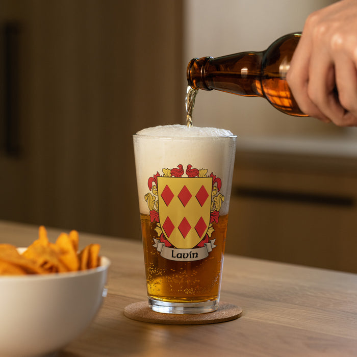 Lavin Irish Family Crest Coat Of Arms 16oz Pint Glass - 7.62 Design