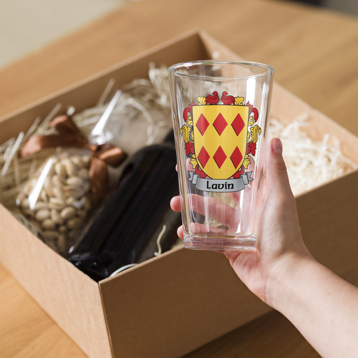 Lavin Irish Family Crest Coat Of Arms 16oz Pint Glass - 7.62 Design