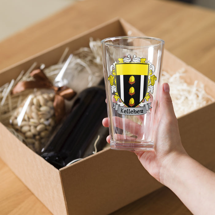 Kelleher Irish Family Crest Coat Of Arms 16oz Pint Glass - 7.62 Design