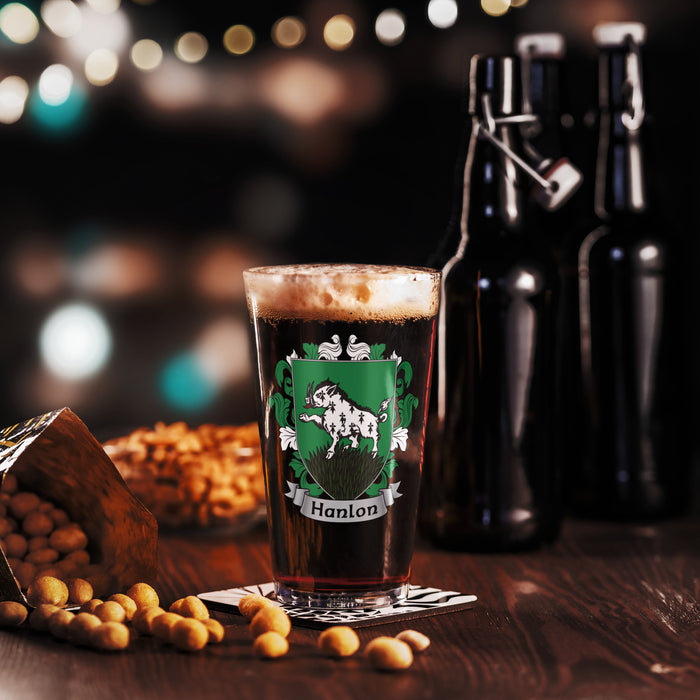 Hanlon Irish Family Crest Coat Of Arms 16oz Pint Glass - 7.62 Design