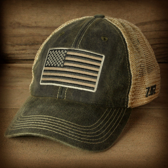 Tactical US Flag Vintage Trucker Hat Olive